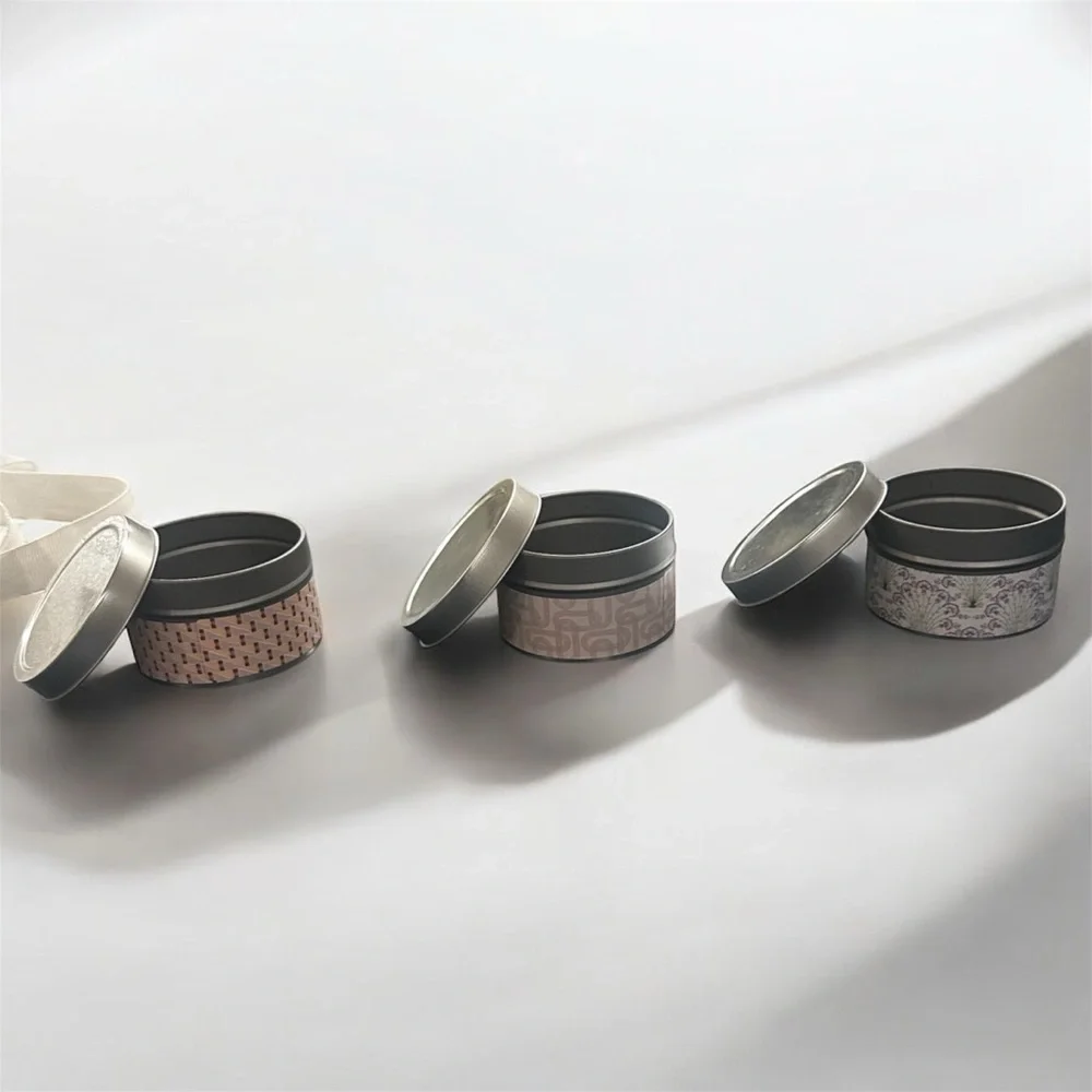 3 Small Tins With Lids And Paper Wrap With Decoration
